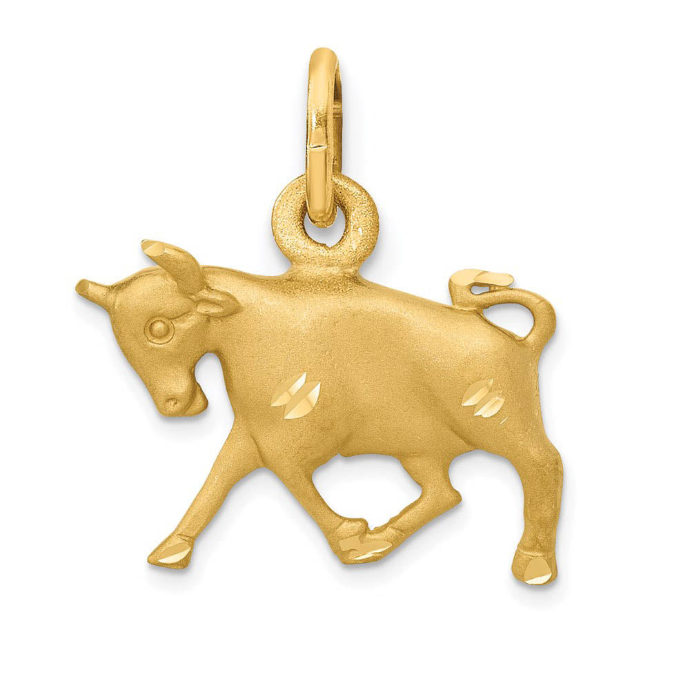 14k Yellow Gold Taurus the Bull Zodiac Satin and Diamond Cut Charm, Item P10933 by The Black Bow Jewelry Co.