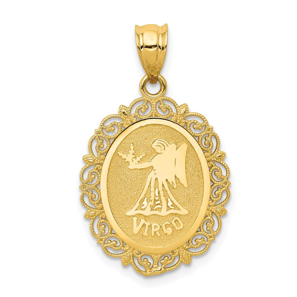 14k Yellow Gold Filigree Oval Virgo the Virgin Zodiac Pendant, 20mm, Item P10961 by The Black Bow Jewelry Co.