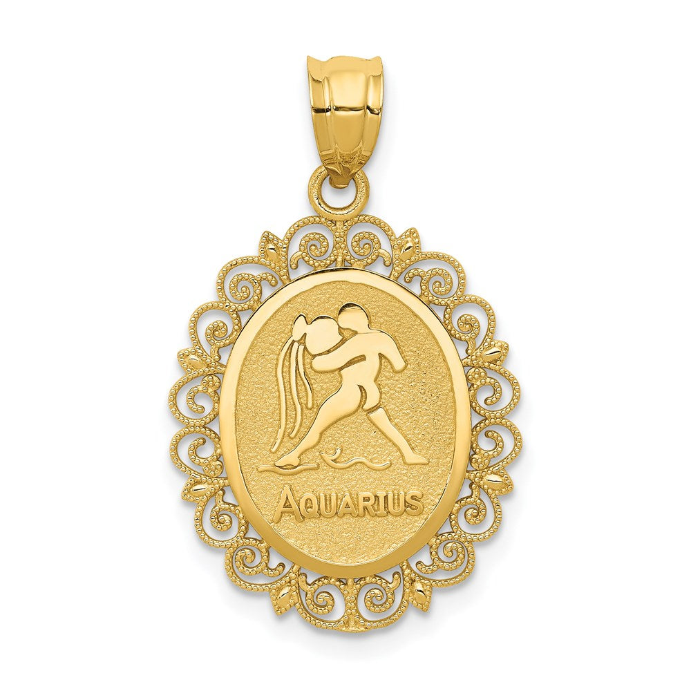 14k Yellow Gold Filigree Oval Aquarius the Water Bearer Pendant, 20mm, Item P10966 by The Black Bow Jewelry Co.