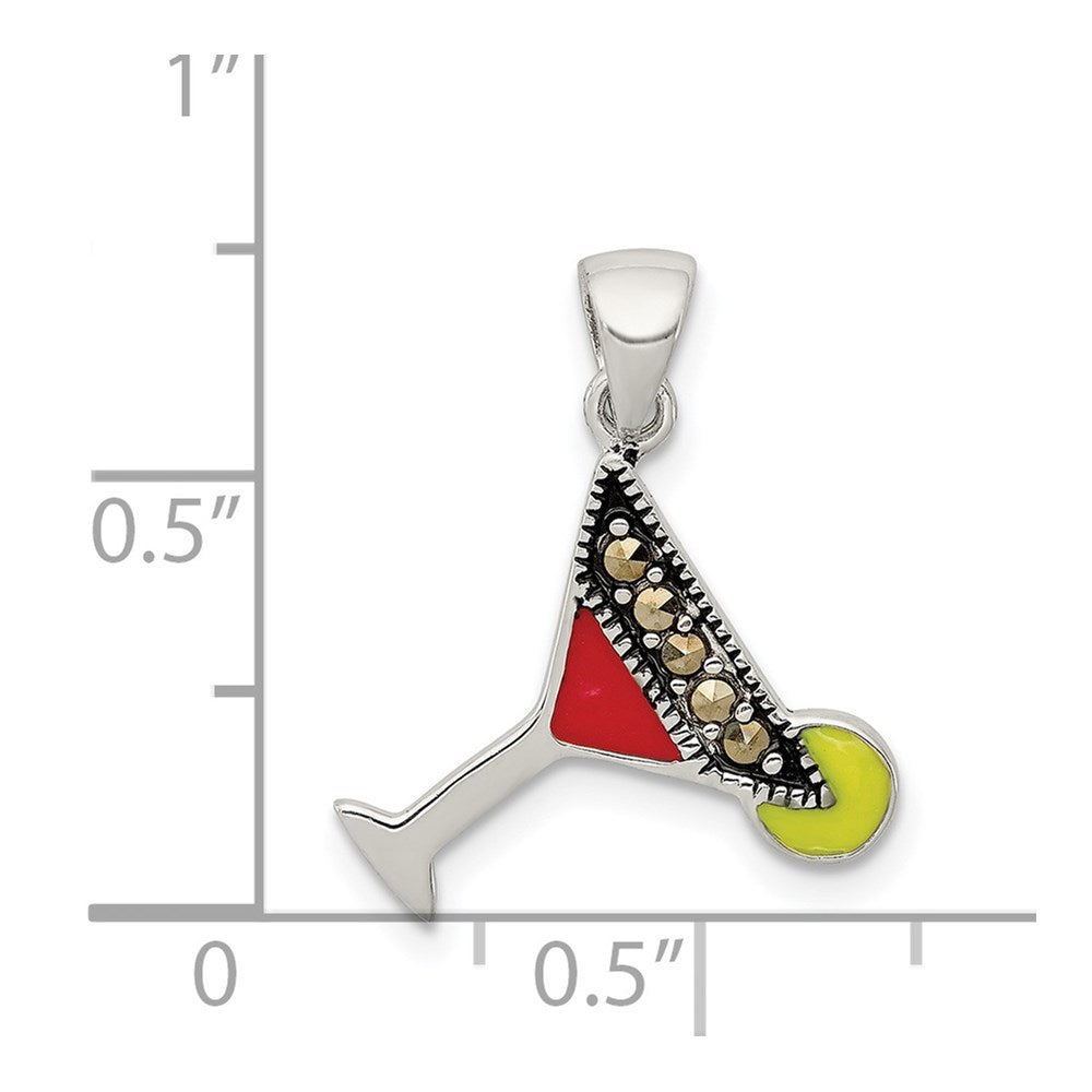 Alternate view of the Sterling Silver, Enamel and Marcasite Martini Glass Pendant by The Black Bow Jewelry Co.
