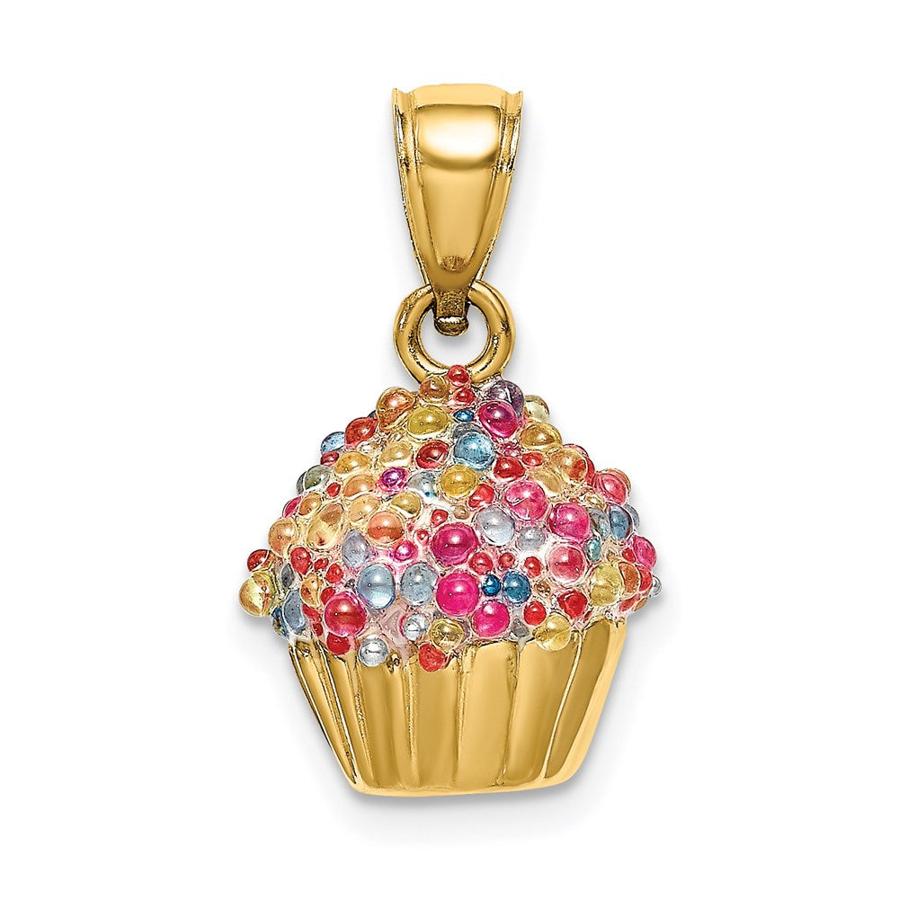 14k Yellow Gold 3D Bead Icing Cupcake Pendant, Item P11018 by The Black Bow Jewelry Co.