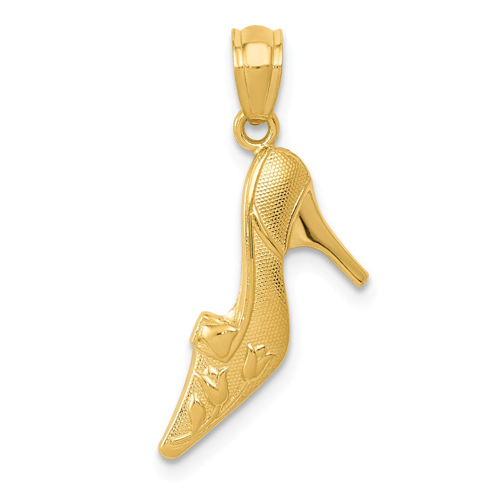 14k Yellow Gold Satin Tulip High Heel Shoe Pendant, Item P11057 by The Black Bow Jewelry Co.