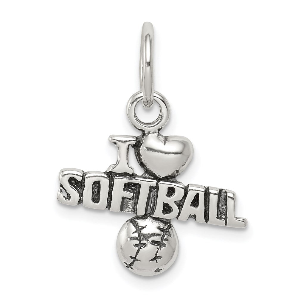 Sterling Silver Antiqued I Heart Softball Script Charm, Item P11270 by The Black Bow Jewelry Co.