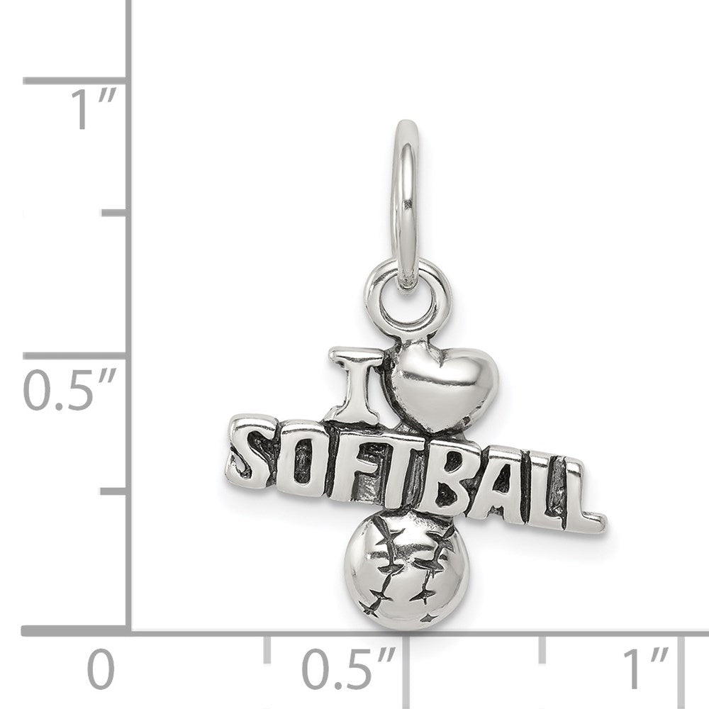 Alternate view of the Sterling Silver Antiqued I Heart Softball Script Charm by The Black Bow Jewelry Co.
