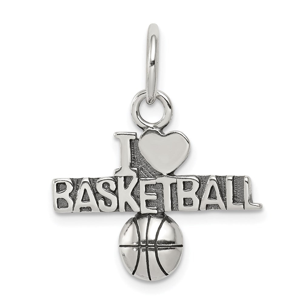 Sterling Silver Antiqued I Heart Basketball Script Pendant, Item P11280 by The Black Bow Jewelry Co.