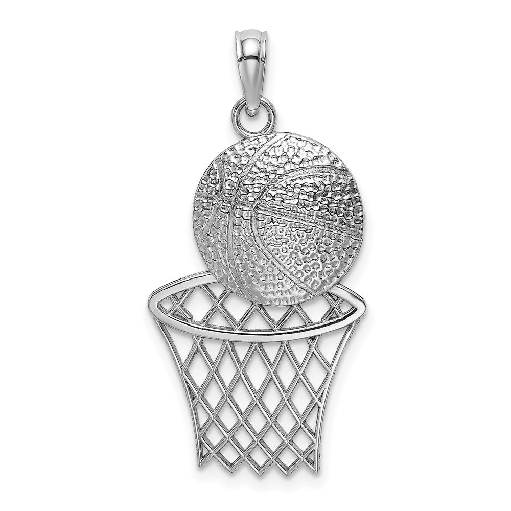 14k White Gold Diamond Cut Basketball and Net Pendant, Item P11287 by The Black Bow Jewelry Co.