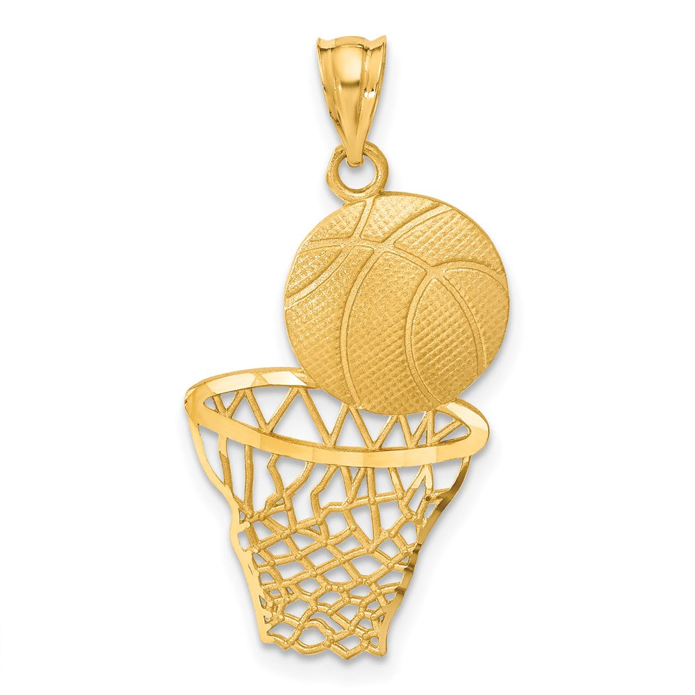 14k Yellow Gold Satin & Diamond Cut Basketball and Net Pendant, Item P11288 by The Black Bow Jewelry Co.