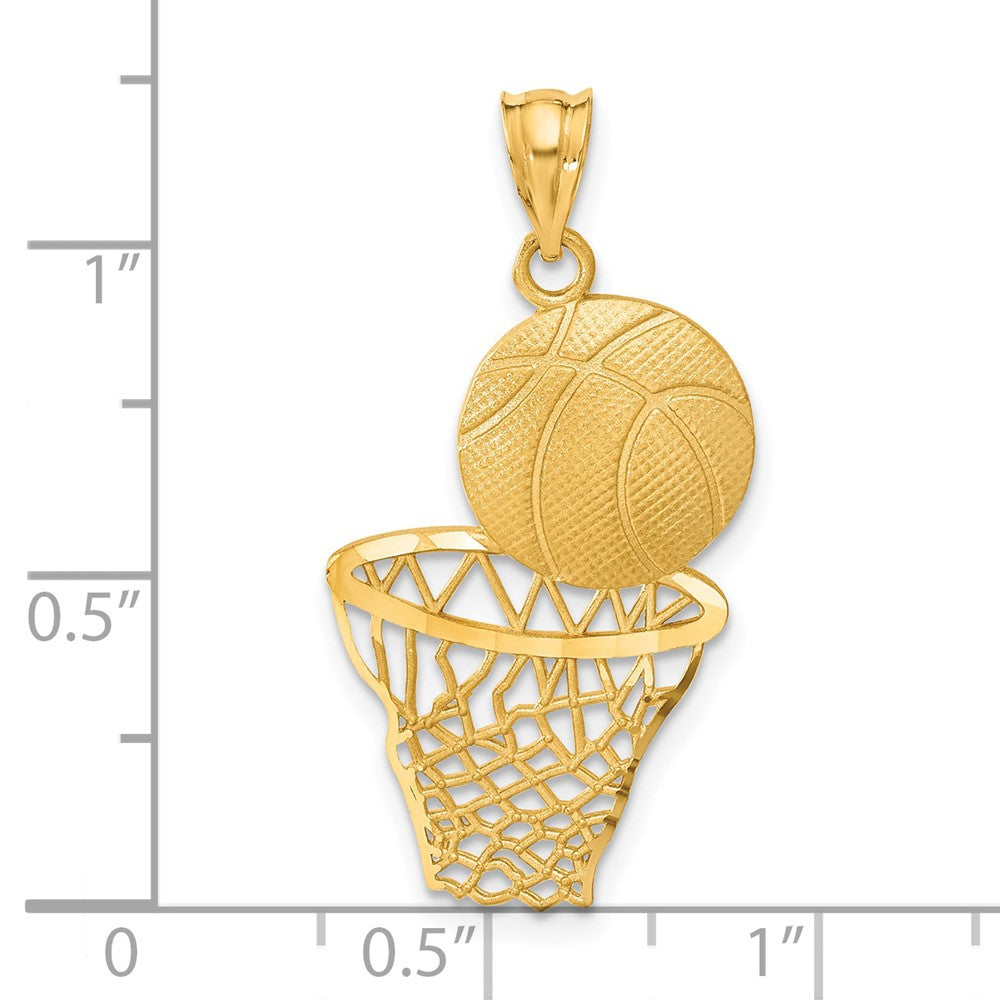 Alternate view of the 14k Yellow Gold Satin & Diamond Cut Basketball and Net Pendant by The Black Bow Jewelry Co.