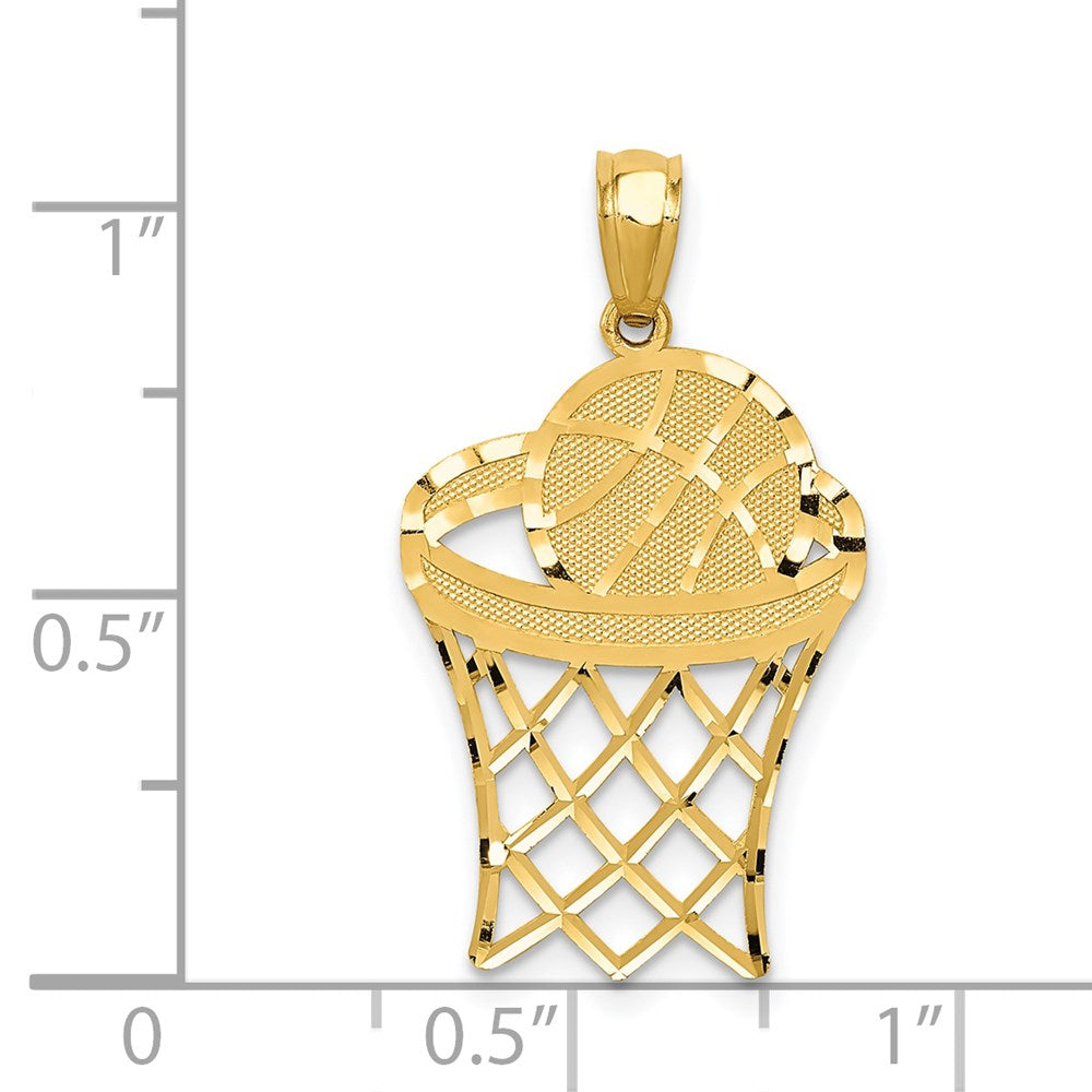 Alternate view of the 14k Yellow Gold Diamond Cut Basketball Hoop and Ball Pendant by The Black Bow Jewelry Co.