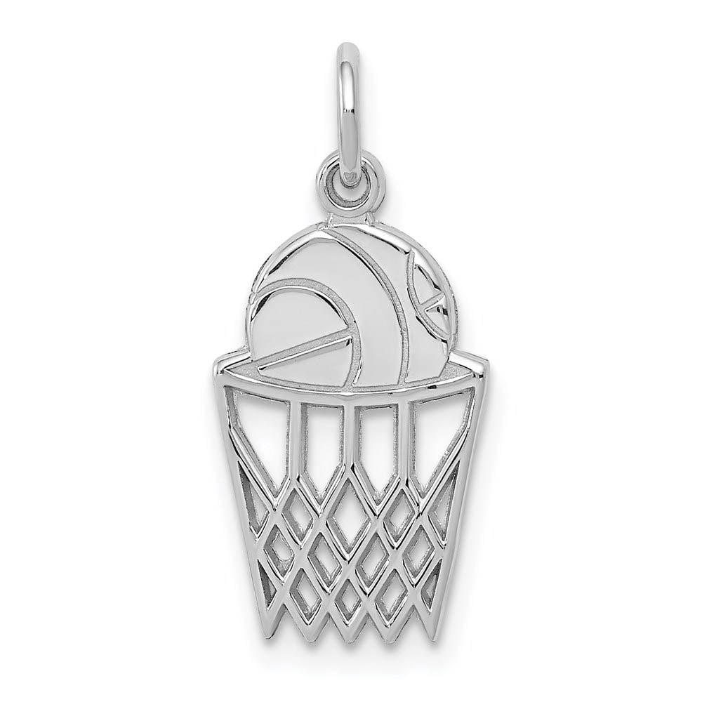 14k White Gold Polished Basketball and Net Charm, Item P11295 by The Black Bow Jewelry Co.
