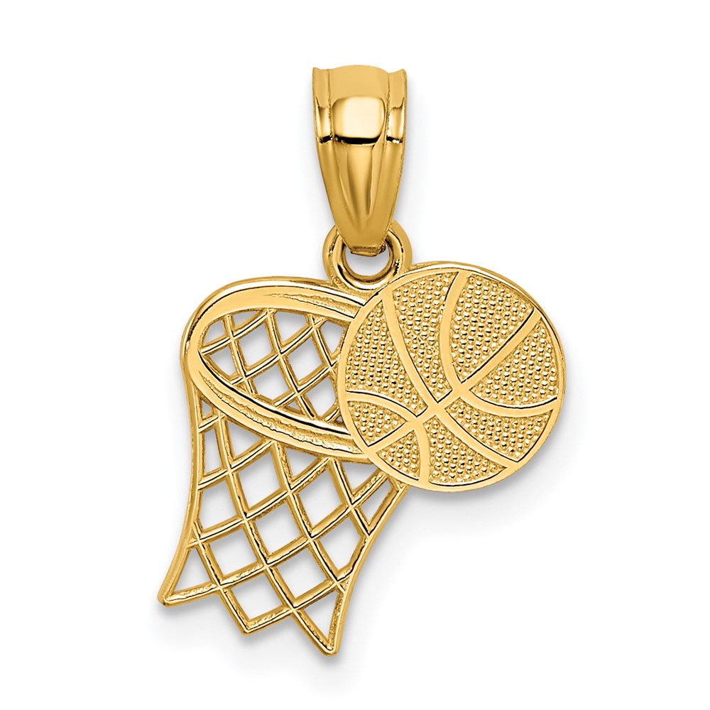 14k Yellow Gold Basketball Hoop and Textured Ball Pendant, Item P11297 by The Black Bow Jewelry Co.