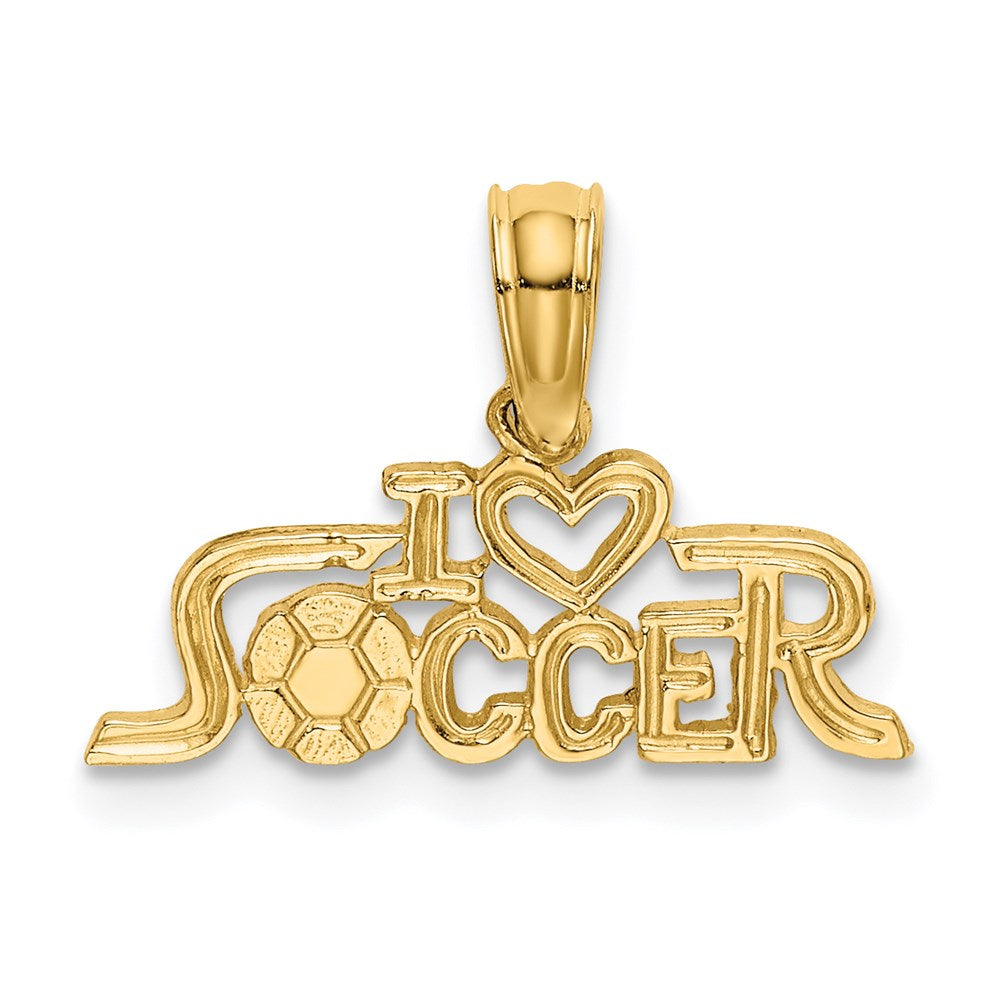 14k Yellow Gold Petite I Heart Soccer Script Pendant, Item P11329 by The Black Bow Jewelry Co.