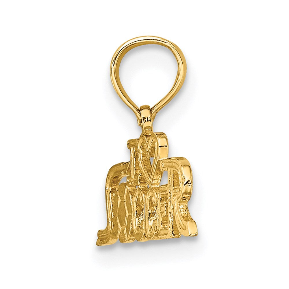 Alternate view of the 14k Yellow Gold Petite I Heart Soccer Script Pendant by The Black Bow Jewelry Co.