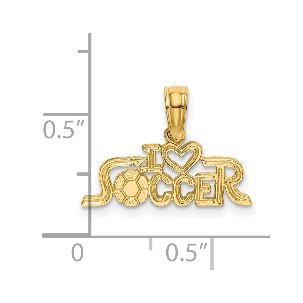 Alternate view of the 14k Yellow Gold Petite I Heart Soccer Script Pendant by The Black Bow Jewelry Co.