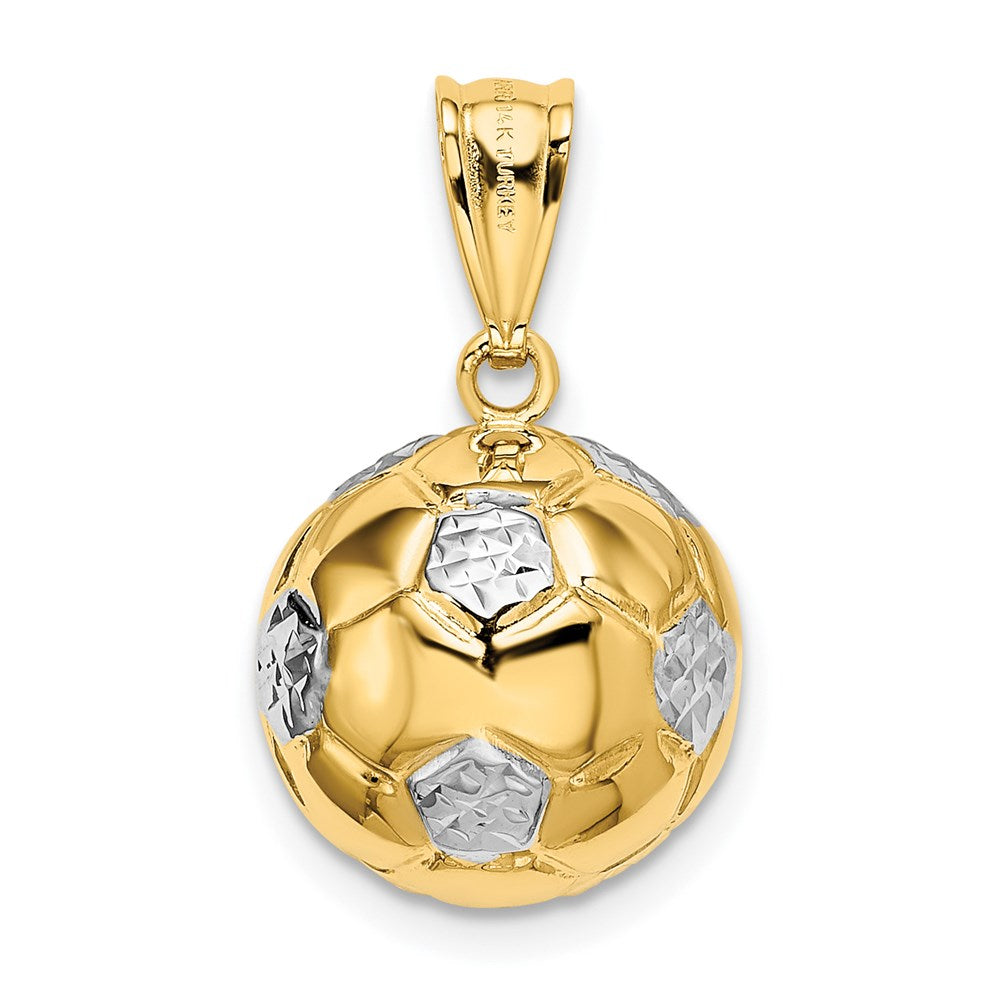 Alternate view of the 14k Yellow Gold & White Rhodium 3D Hollow Soccer Ball Pendant, 13mm by The Black Bow Jewelry Co.