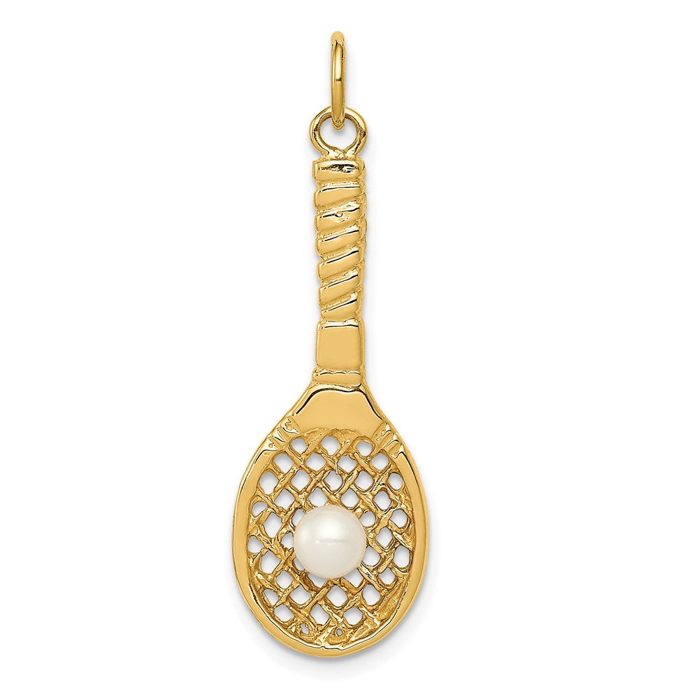 14k Yellow Gold FW Cultured Pearl 3D Tennis Racquet & Ball Pendant, Item P11367 by The Black Bow Jewelry Co.