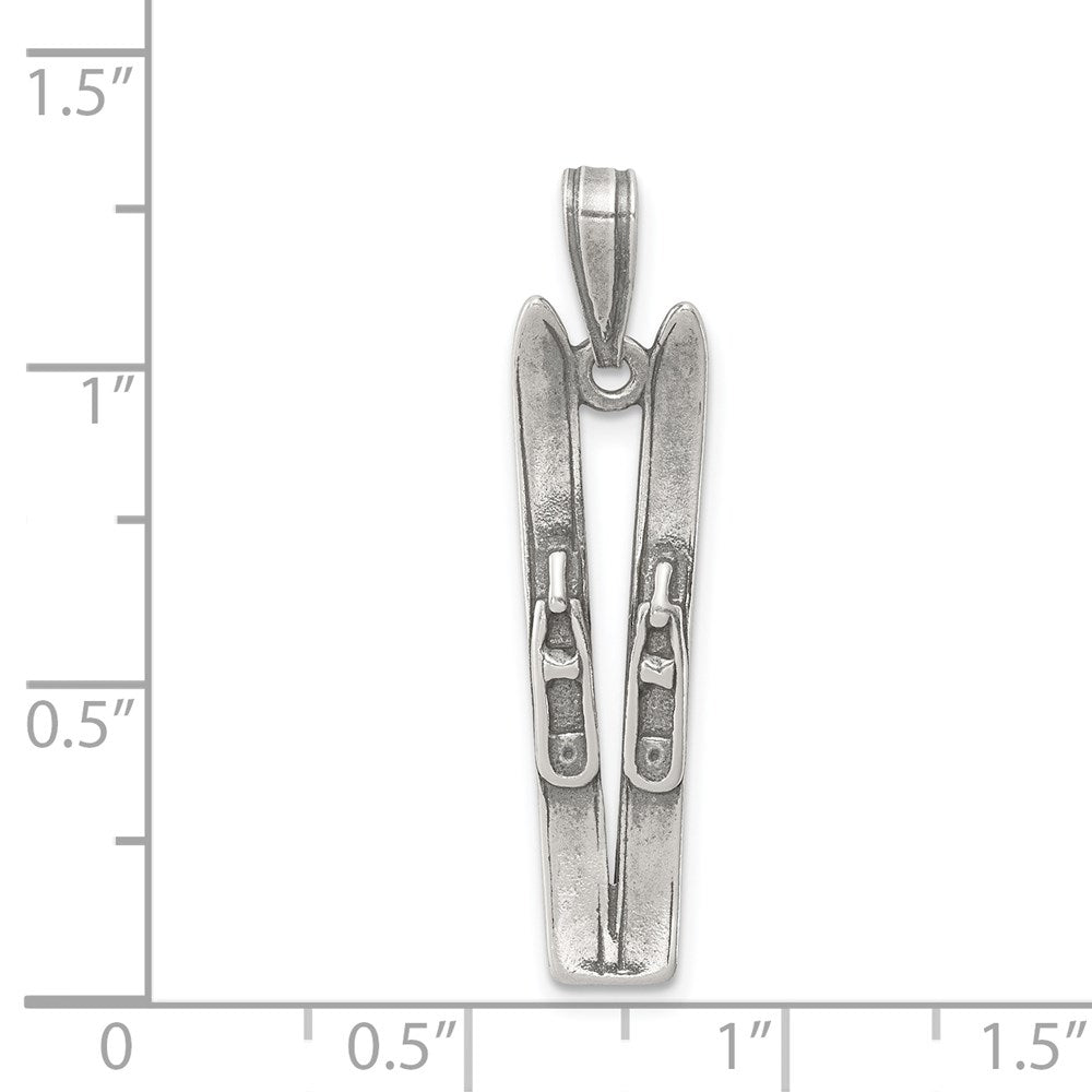 Alternate view of the Sterling Silver Antiqued 3D Pair of Snow Skis Pendant by The Black Bow Jewelry Co.