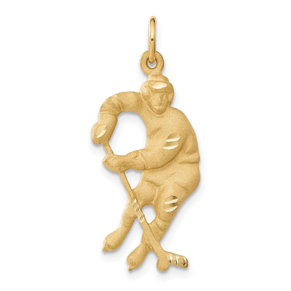 14k Yellow Gold Satin and Diamond Cut Hockey Player Pendant, Item P11462 by The Black Bow Jewelry Co.