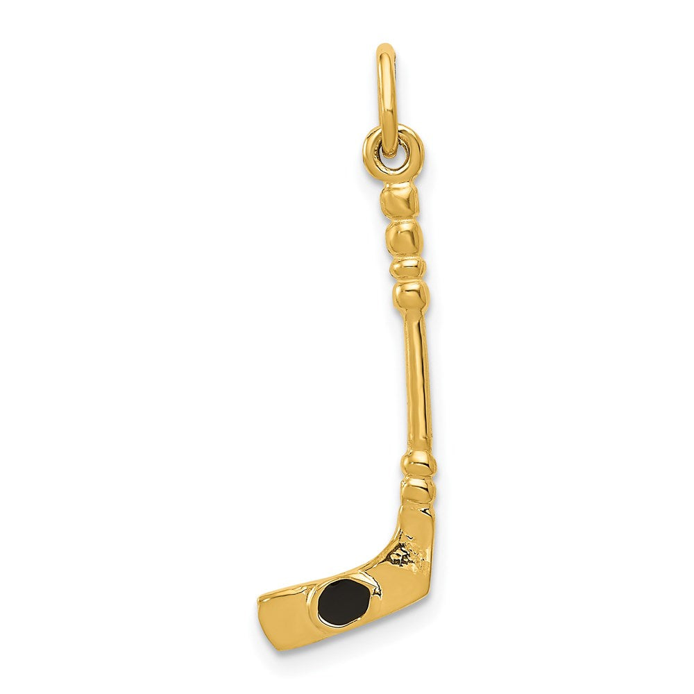 14k Yellow Gold and Black Enamel 3D Hockey Stick and Puck Pendant, Item P11463 by The Black Bow Jewelry Co.