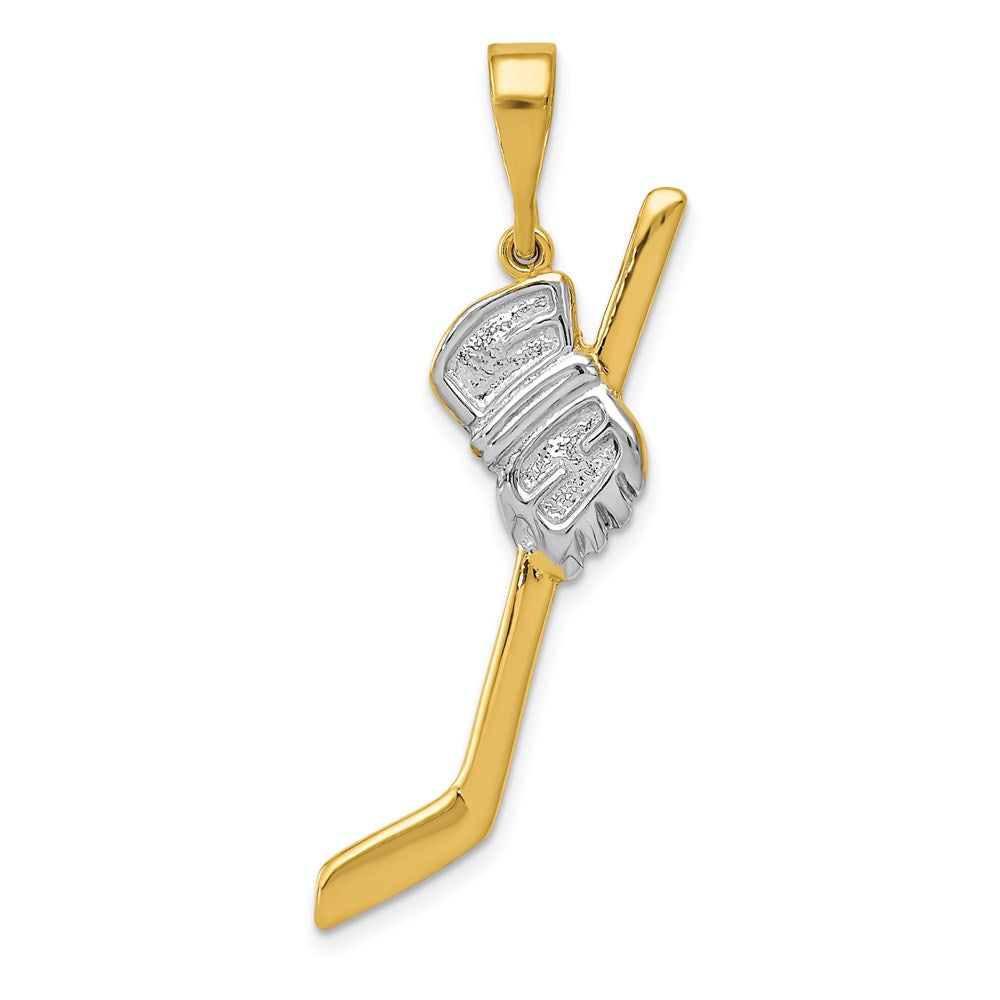 14k Yellow Gold & White Rhodium Hockey Stick and Glove Pendant, Item P11467 by The Black Bow Jewelry Co.
