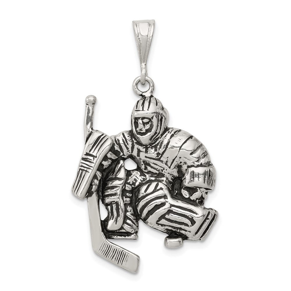 Sterling Silver Antiqued Hockey Goalie Pendant, Item P11468 by The Black Bow Jewelry Co.