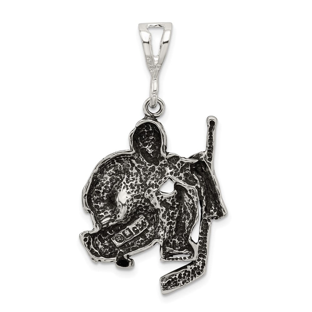 Alternate view of the Sterling Silver Antiqued Hockey Goalie Pendant by The Black Bow Jewelry Co.
