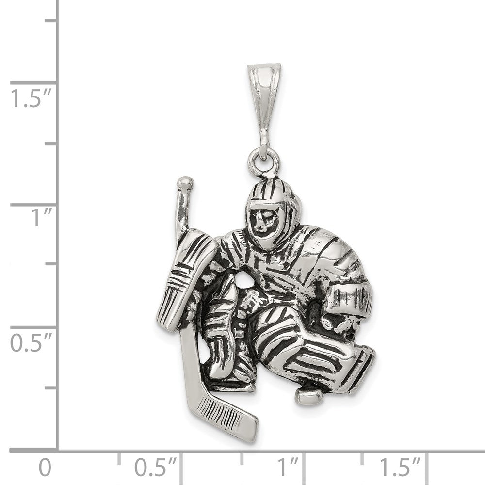 Alternate view of the Sterling Silver Antiqued Hockey Goalie Pendant by The Black Bow Jewelry Co.