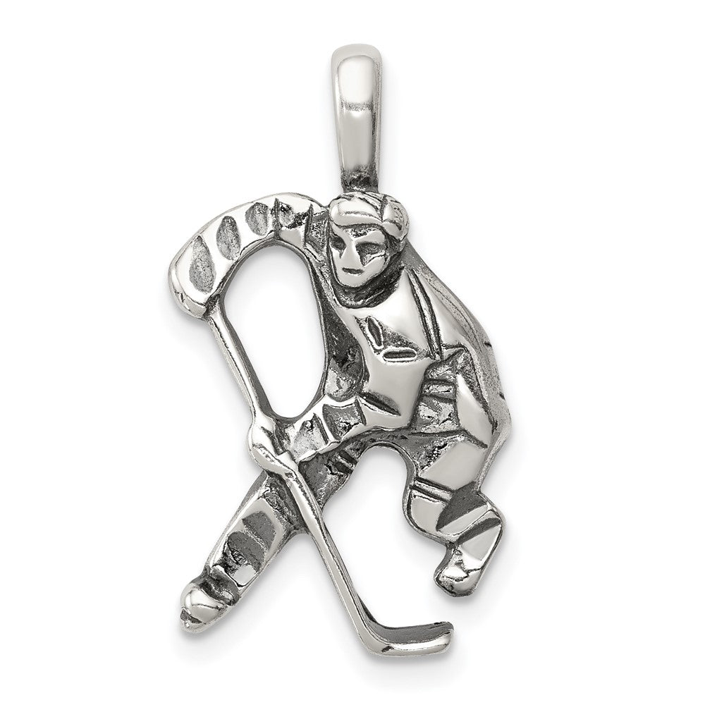 Sterling Silver Antiqued Hockey Player Pendant, Item P11469 by The Black Bow Jewelry Co.