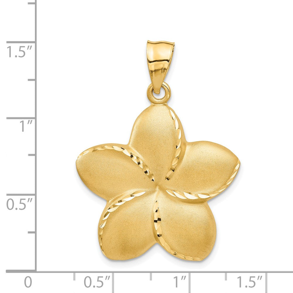 Alternate view of the 14k Yellow Gold 28mm Satin and Diamond Cut Plumeria Pendant by The Black Bow Jewelry Co.