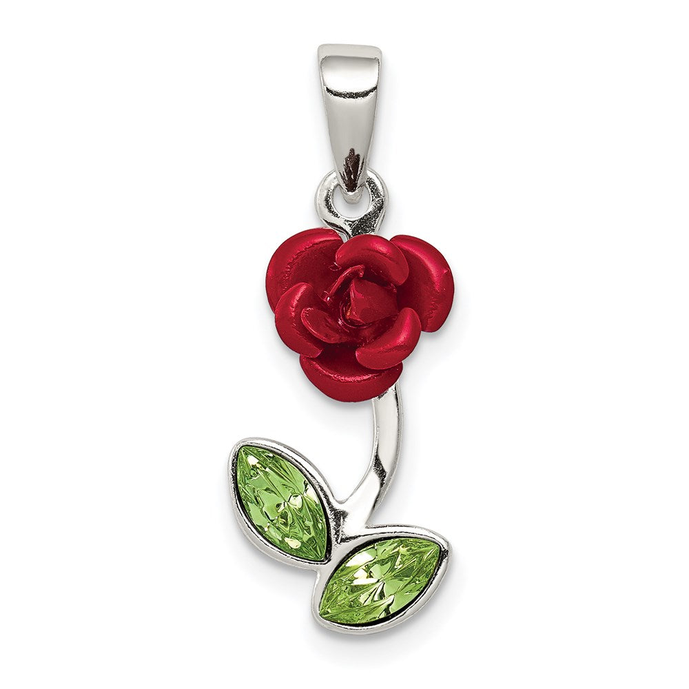 Sterling Silver, Enamel and CZ 3D Red Rose and Green Leaf Pendant, Item P11625 by The Black Bow Jewelry Co.