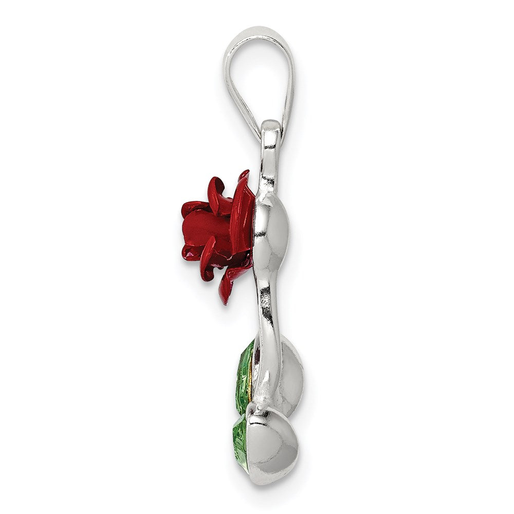 Alternate view of the Sterling Silver, Enamel and CZ 3D Red Rose and Green Leaf Pendant by The Black Bow Jewelry Co.