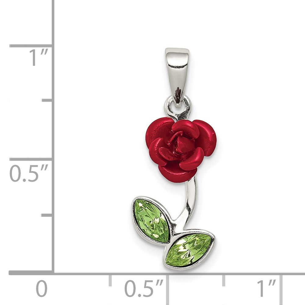 Alternate view of the Sterling Silver, Enamel and CZ 3D Red Rose and Green Leaf Pendant by The Black Bow Jewelry Co.