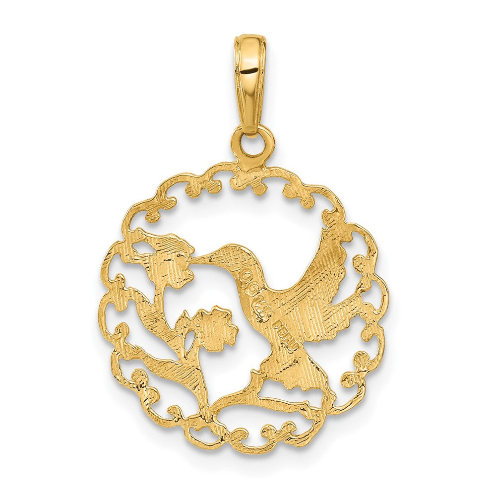Alternate view of the 14k Yellow Gold 20mm Framed Hummingbird and Flower Pendant by The Black Bow Jewelry Co.