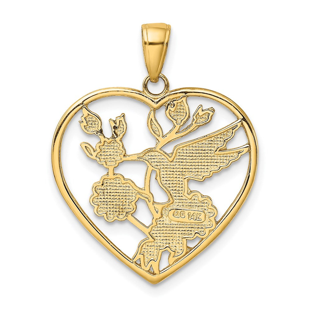 Alternate view of the 14k Yellow Gold 22mm Enameled Hummingbird Heart Pendant by The Black Bow Jewelry Co.