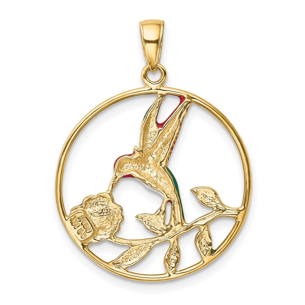 Alternate view of the 14k Yellow Gold & Enamel 24mm Round Hummingbird & Flower Pendant by The Black Bow Jewelry Co.