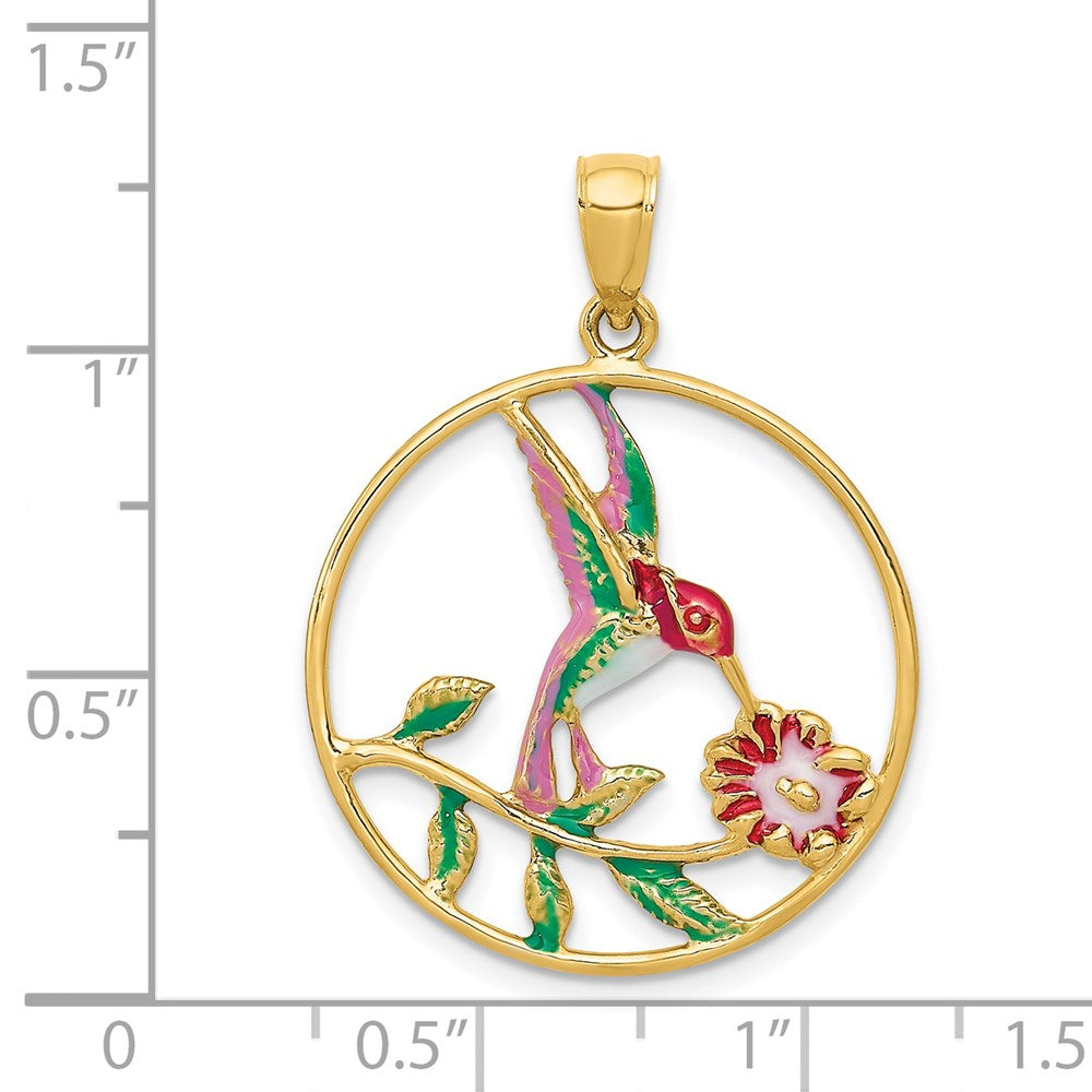 Alternate view of the 14k Yellow Gold & Enamel 24mm Round Hummingbird & Flower Pendant by The Black Bow Jewelry Co.