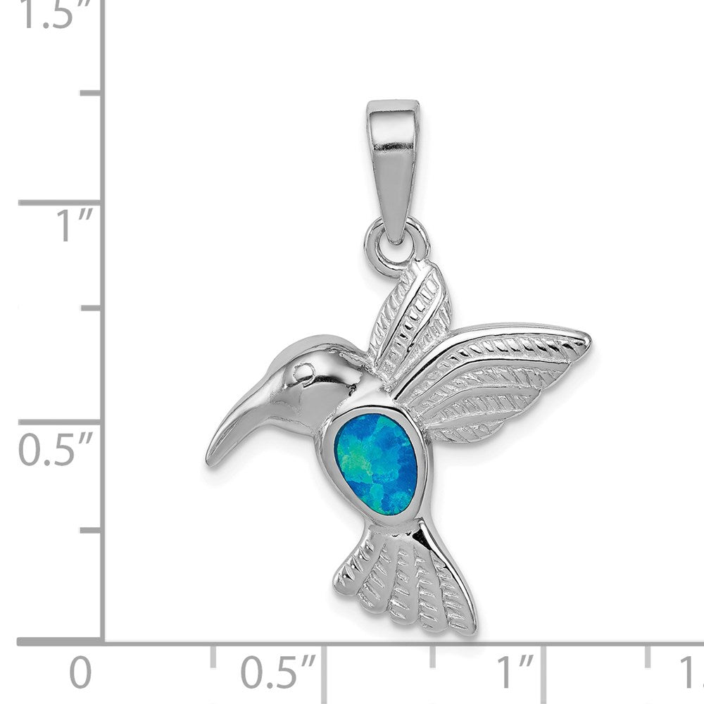 Alternate view of the Sterling Silver and Created Blue Opal Inlay Hummingbird Pendant by The Black Bow Jewelry Co.