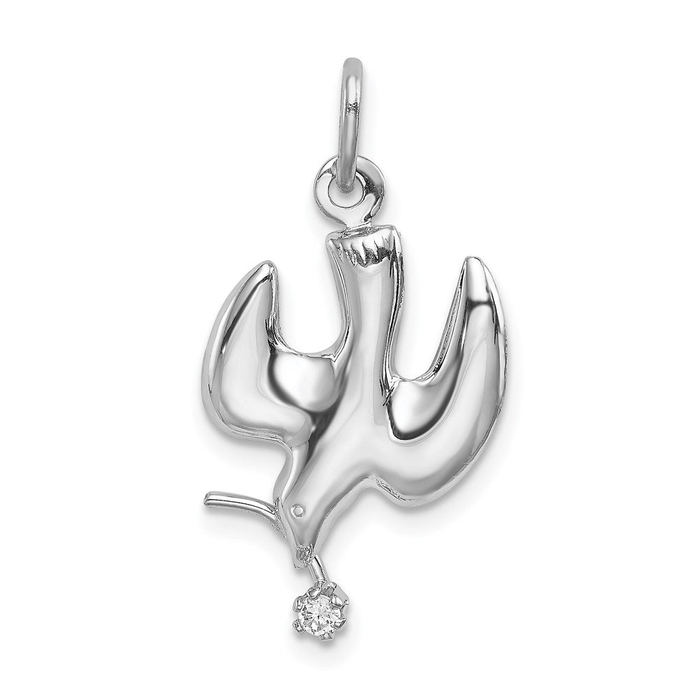 Sterling Silver Platinum Plated CZ Polished Dove with Branch Pendant, Item P11671 by The Black Bow Jewelry Co.
