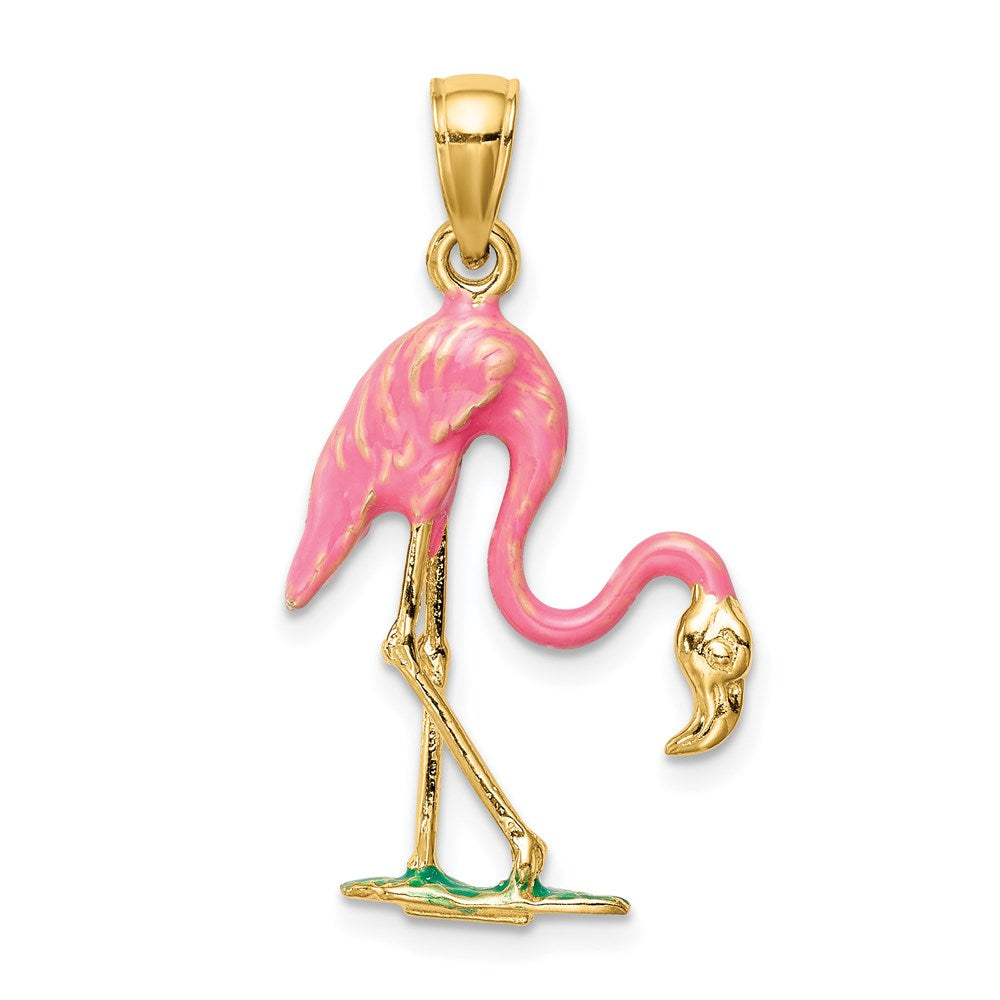 Alternate view of the 14k Yellow Gold and Enamel 3D Pink Flamingo Pendant by The Black Bow Jewelry Co.