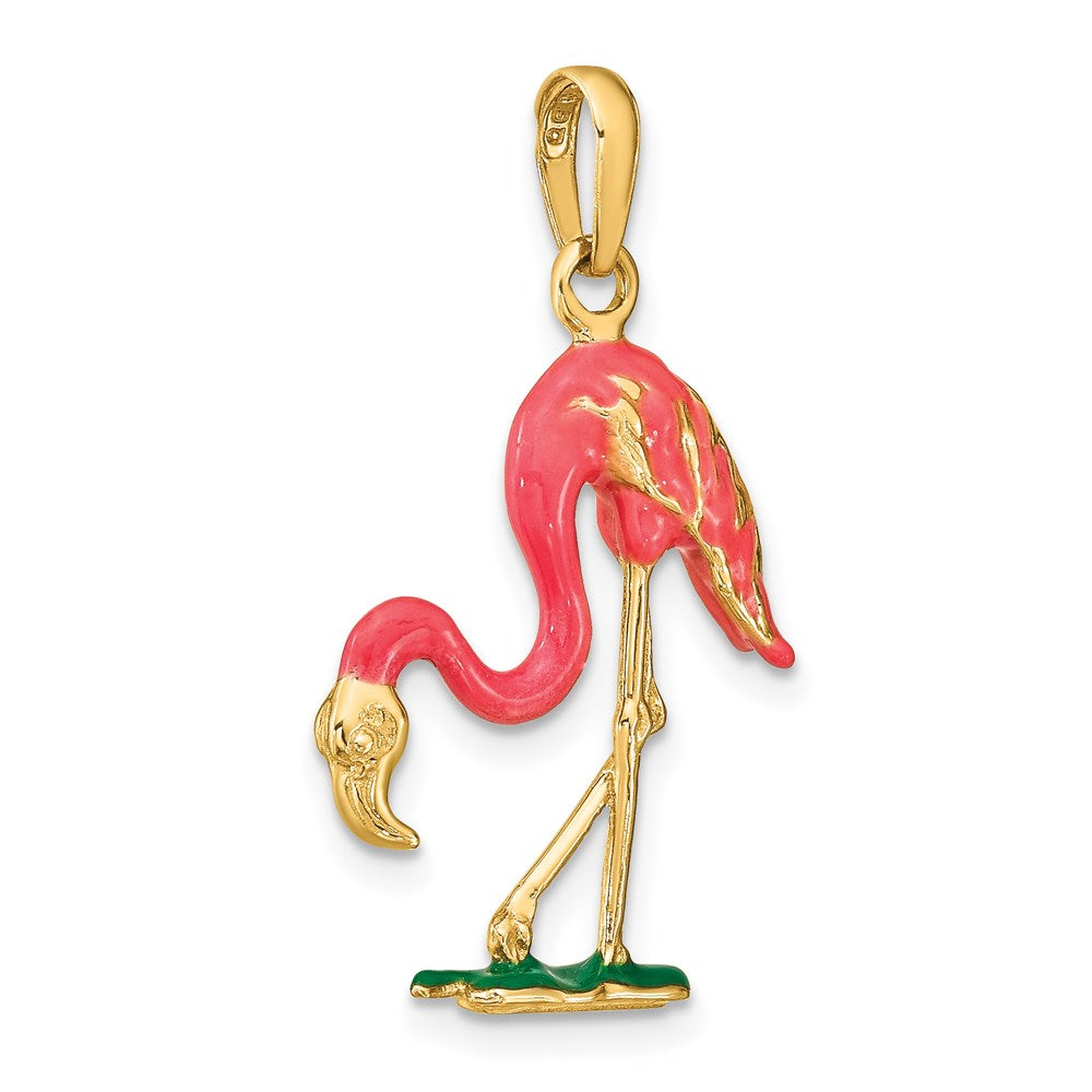 Alternate view of the 14k Yellow Gold and Enamel 3D Pink Flamingo Pendant by The Black Bow Jewelry Co.