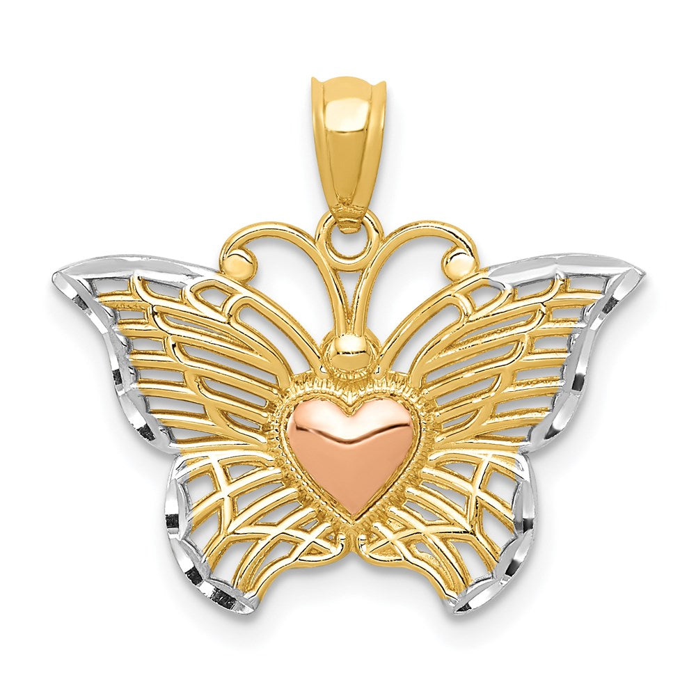 14k Yellow & Rose Gold with White Rhodium 22mm Butterfly Heart Pendant, Item P11710 by The Black Bow Jewelry Co.