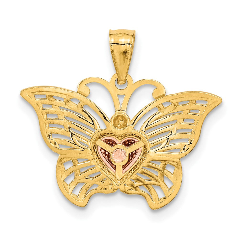 Alternate view of the 14k Yellow & Rose Gold with White Rhodium 22mm Butterfly Heart Pendant by The Black Bow Jewelry Co.