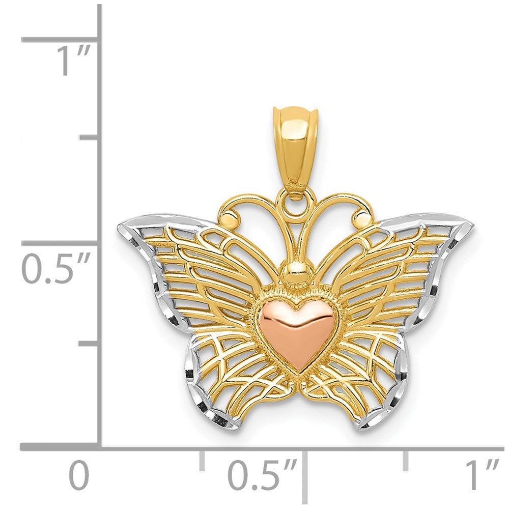 Alternate view of the 14k Yellow & Rose Gold with White Rhodium 22mm Butterfly Heart Pendant by The Black Bow Jewelry Co.
