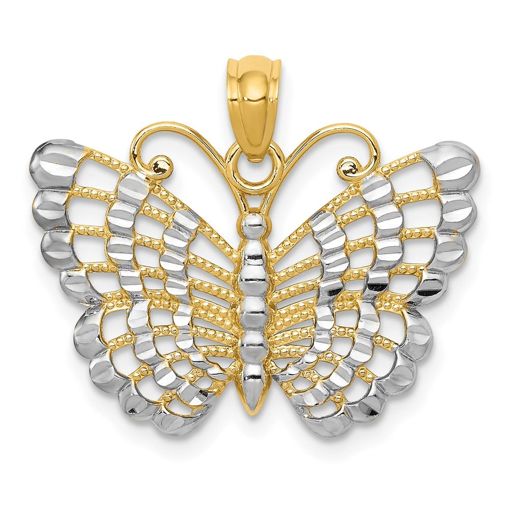 14k Yellow Gold & White Rhodium 24mm Diamond Cut Butterfly Pendant, Item P11714 by The Black Bow Jewelry Co.