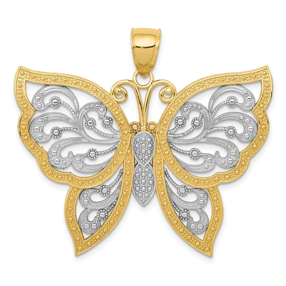 14k Yellow Gold & White Rhodium 42mm Filigree Butterfly Pendant, Item P11718 by The Black Bow Jewelry Co.