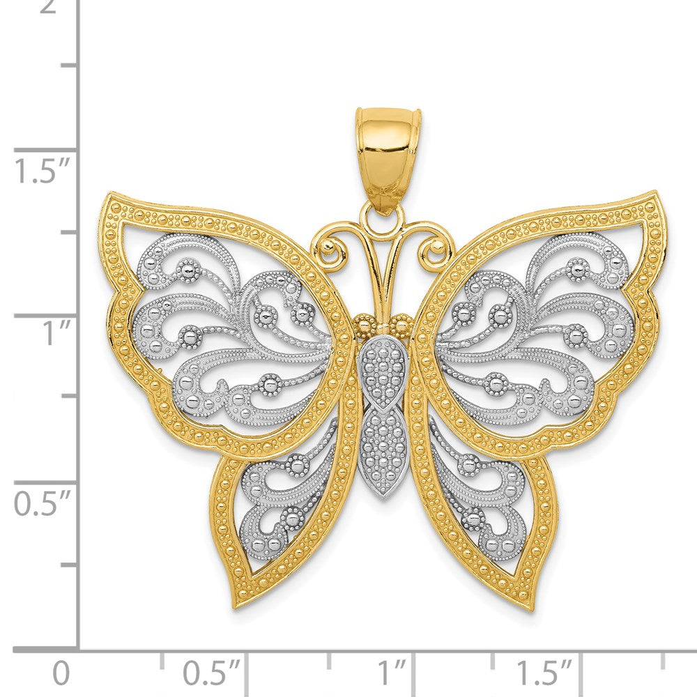 Alternate view of the 14k Yellow Gold & White Rhodium 42mm Filigree Butterfly Pendant by The Black Bow Jewelry Co.