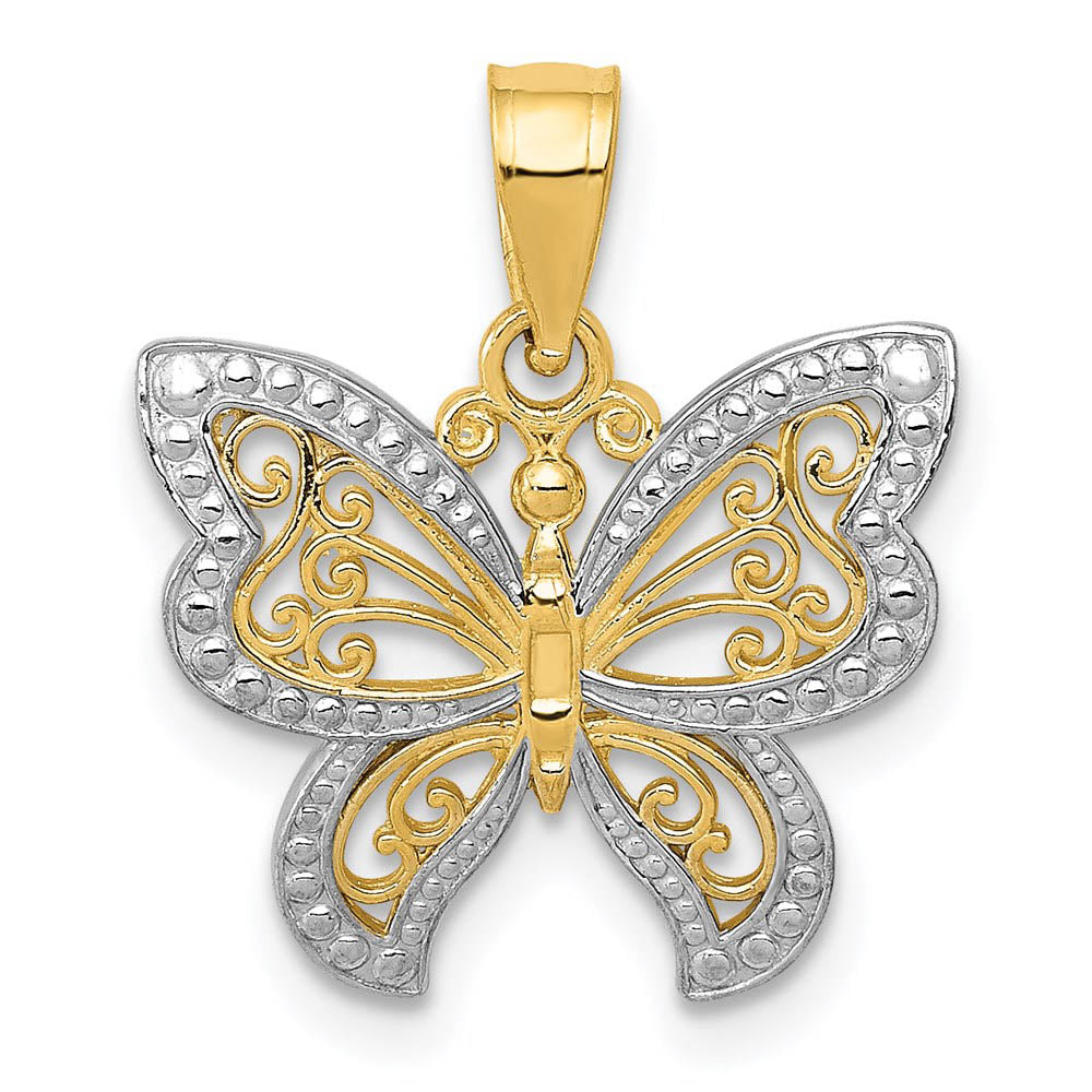 14k Yellow Gold and White Rhodium Two Tone Butterfly Pendant, 17mm, Item P11720 by The Black Bow Jewelry Co.