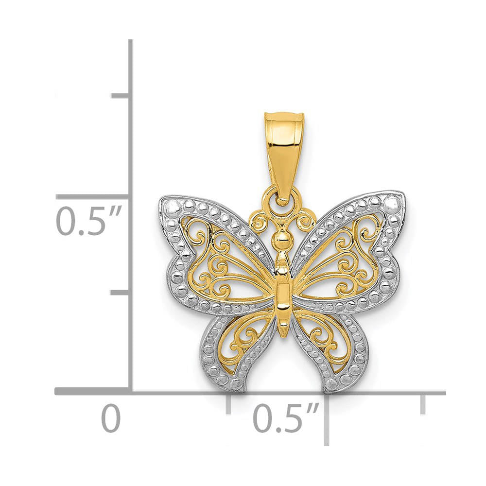 Alternate view of the 14k Yellow Gold and White Rhodium Two Tone Butterfly Pendant, 17mm by The Black Bow Jewelry Co.