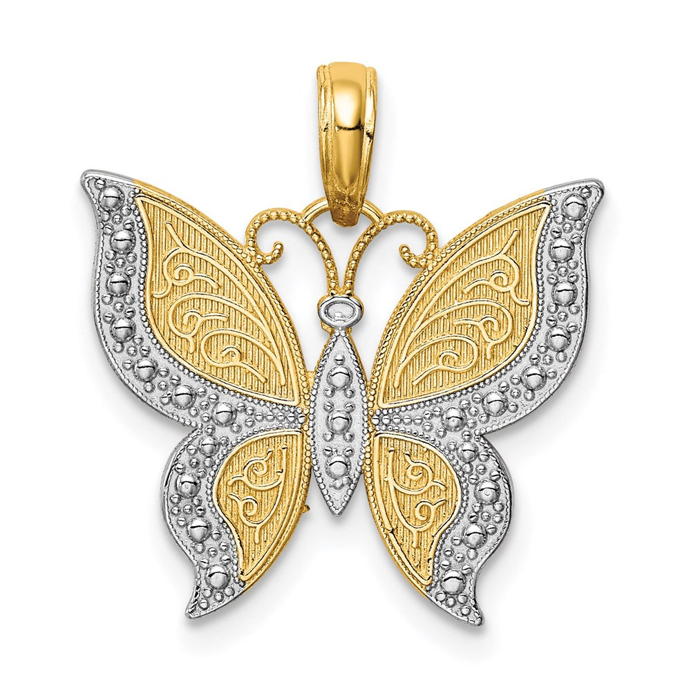 14k Yellow Gold and White Rhodium Fancy Butterfly Pendant, 19mm, Item P11727 by The Black Bow Jewelry Co.