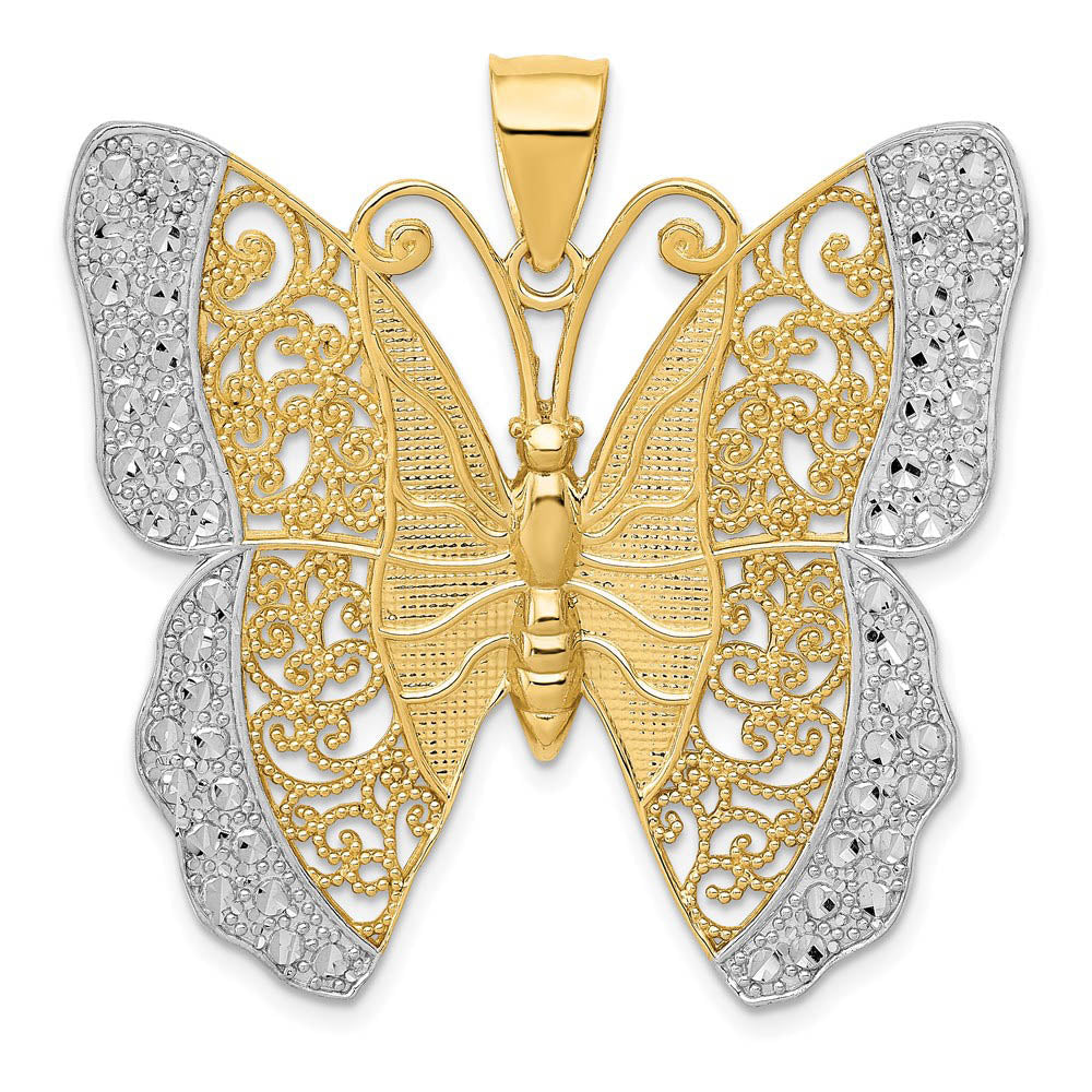 14k Yellow Gold & White Rhodium 37mm Textured Butterfly Pendant, Item P11739 by The Black Bow Jewelry Co.